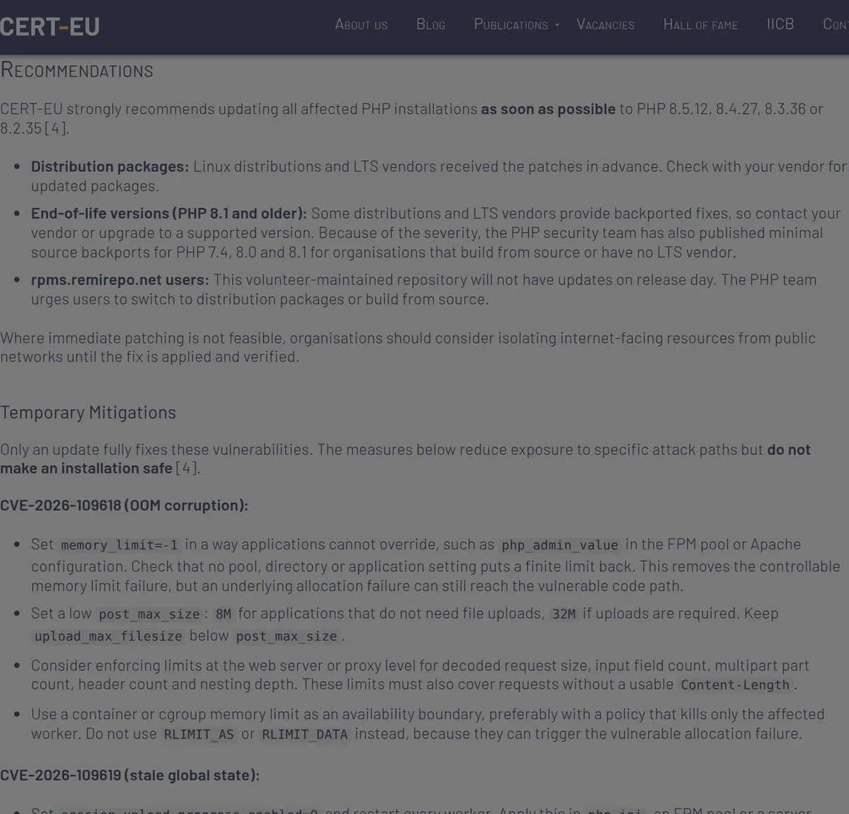 CERT-EU advisory 2026-018, updated 21 October 2026: update to PHP 8.5.12, 8.4.27, 8.3.36 or 8.2.35, source backports for 7.4, 8.0 and 8.1, and isolate internet-facing systems if you cannot patch.
