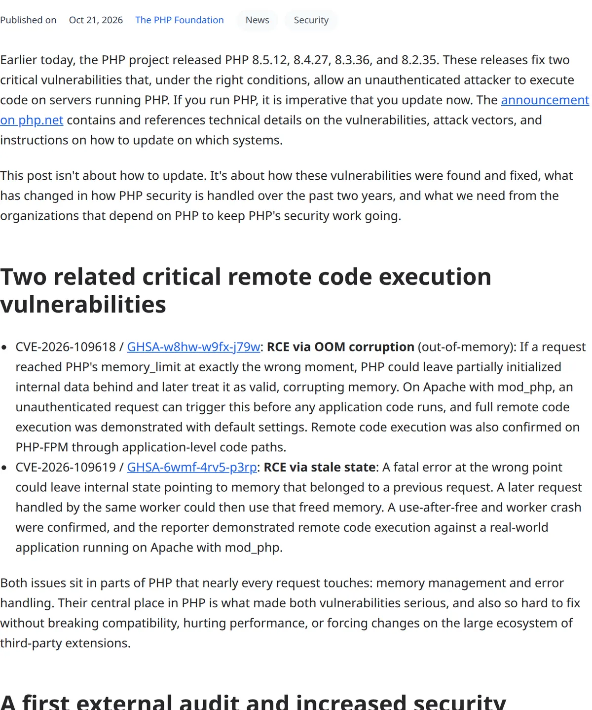 PHP Foundation post, October 21, 2026: PHP 8.5.12, 8.4.27, 8.3.36 and 8.2.35 fix two critical vulnerabilities that can let an unauthenticated attacker execute code.