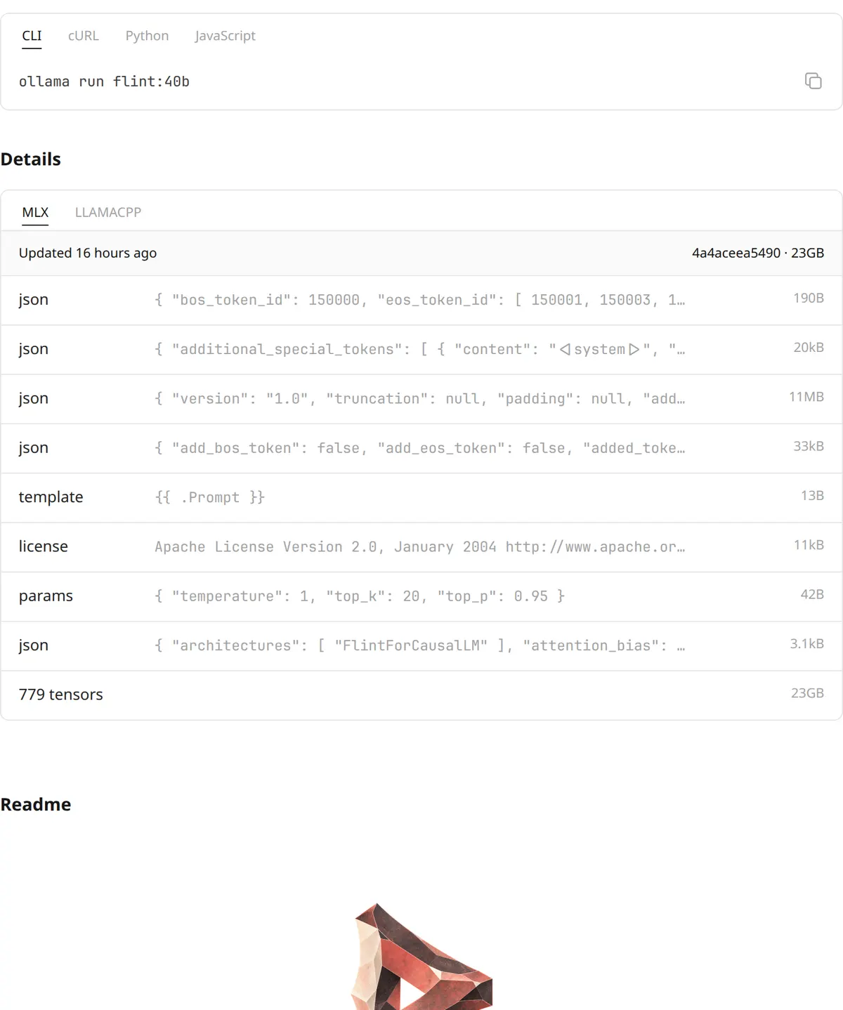 Ollama library page for flint:40b, with the command ollama run flint:40b and a 23GB download.