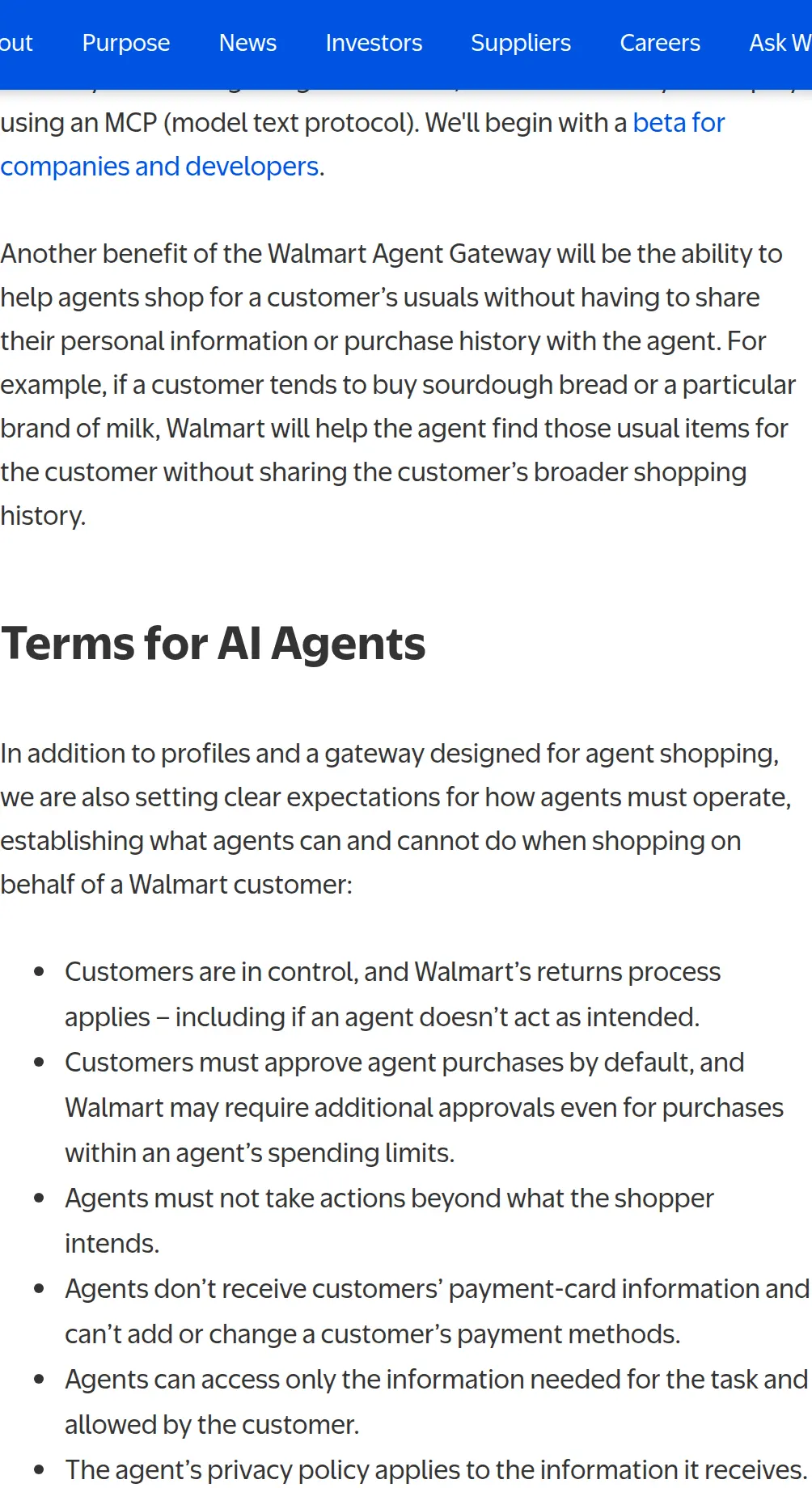 Walmart news post: the Agent Gateway starts as a beta for companies and developers. Terms for AI agents require approval by default, withhold payment-card information, apply Walmart returns, and block agents that break the rules.