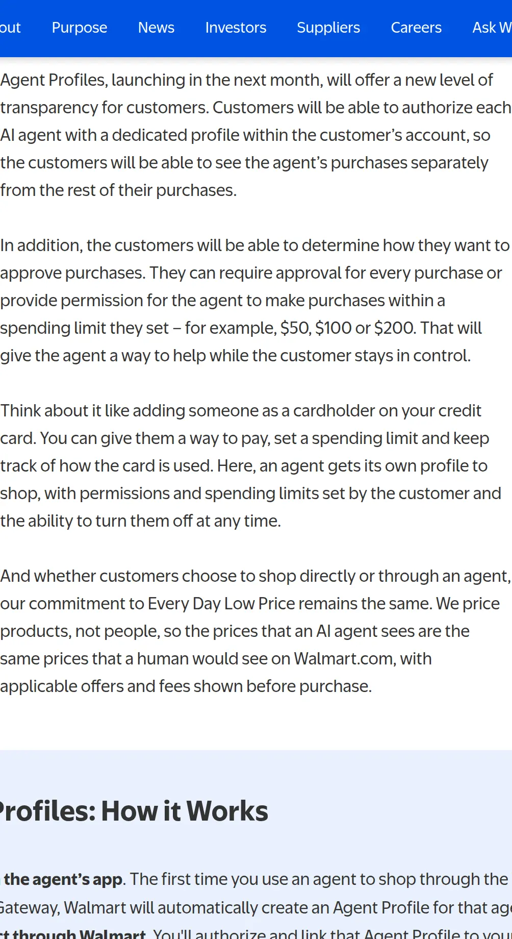 Walmart news post, October 21, 2026: Agent Profiles launch in the next month, with a spending limit such as $50, $100 or $200, and agents see the same prices as on Walmart.com.