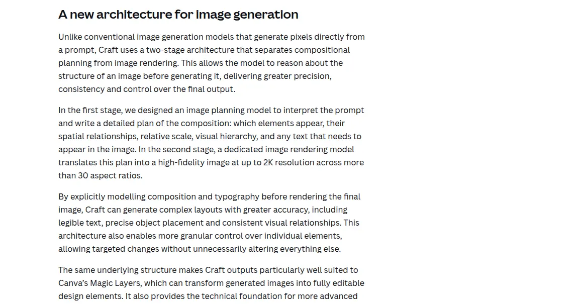 Canva, October 22, 2026: Craft plans which elements appear, their scale and any text, then a second model draws the image at up to 2K across more than 30 aspect ratios. Magic Layers can turn the result into editable parts.