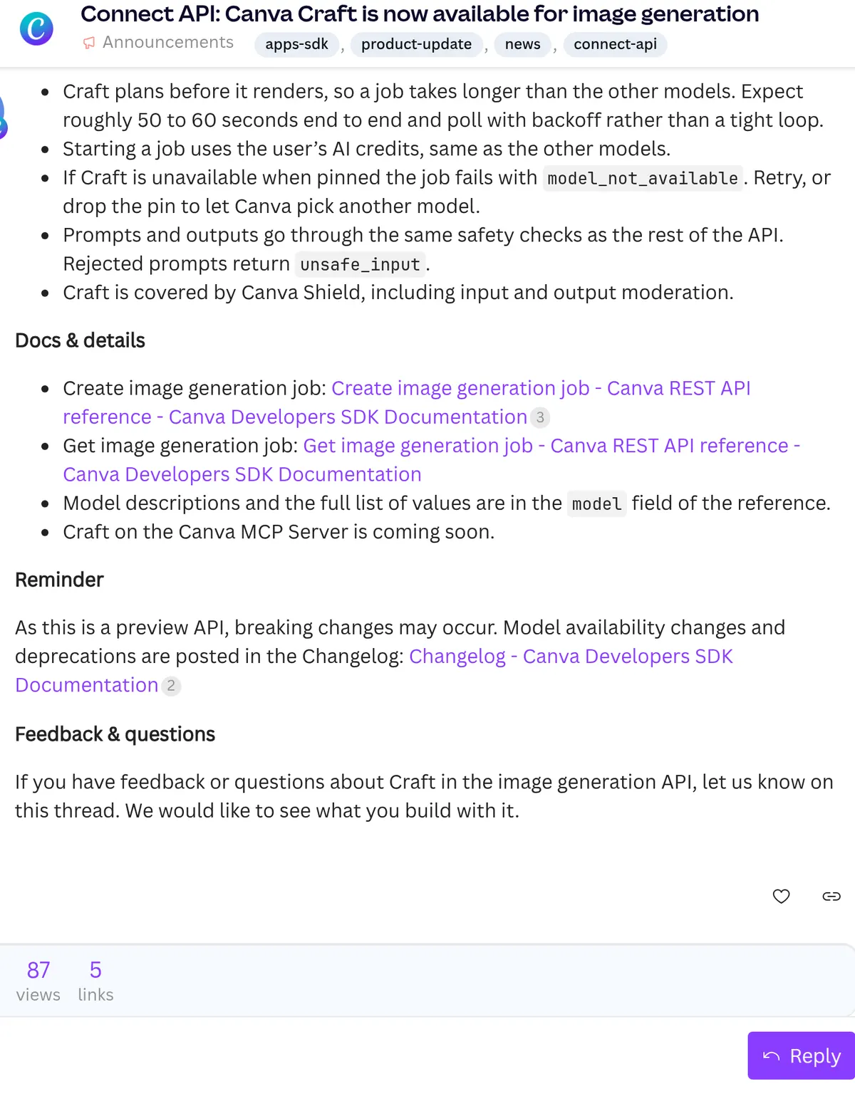 Canva Developers, October 22, 2026: a Canva Craft image job takes about 50 to 60 seconds and uses the user's AI credits.