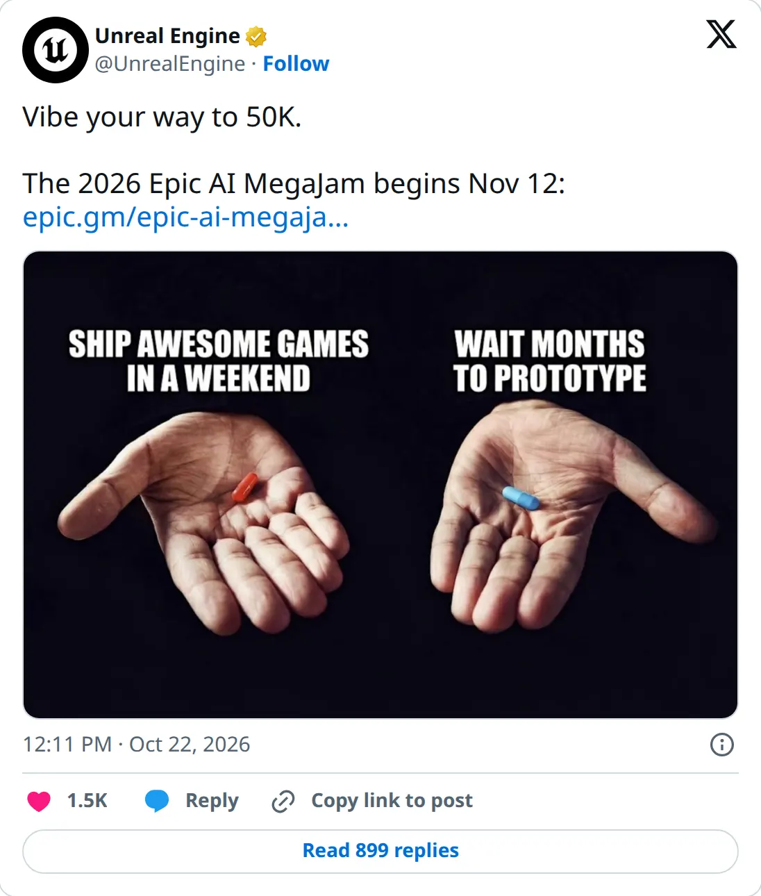 Unreal Engine on X, October 22, 2026: the 2026 Epic AI MegaJam begins November 12.