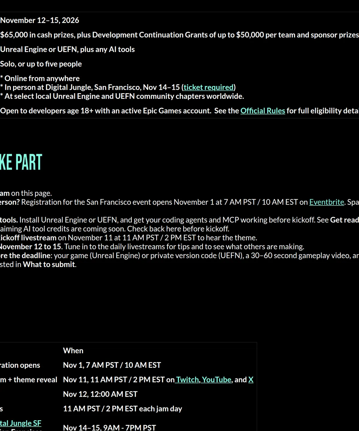 itch.io: the 2026 Epic AI MegaJam lists $65,000 in cash prizes and development continuation grants of up to $50,000, for Unreal Engine or UEFN, teams of up to five, online or in person at Digital Jungle in San Francisco on November 14 and 15, for developers age 18 or older with an Epic Games account.