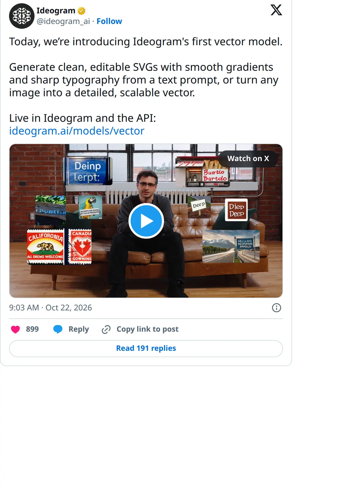 Ideogram on X, October 22, 2026: Ideogram Vector generates clean, editable SVGs with smooth gradients and sharp typography from a text prompt, or turns an image into a vector, live in Ideogram and the API.