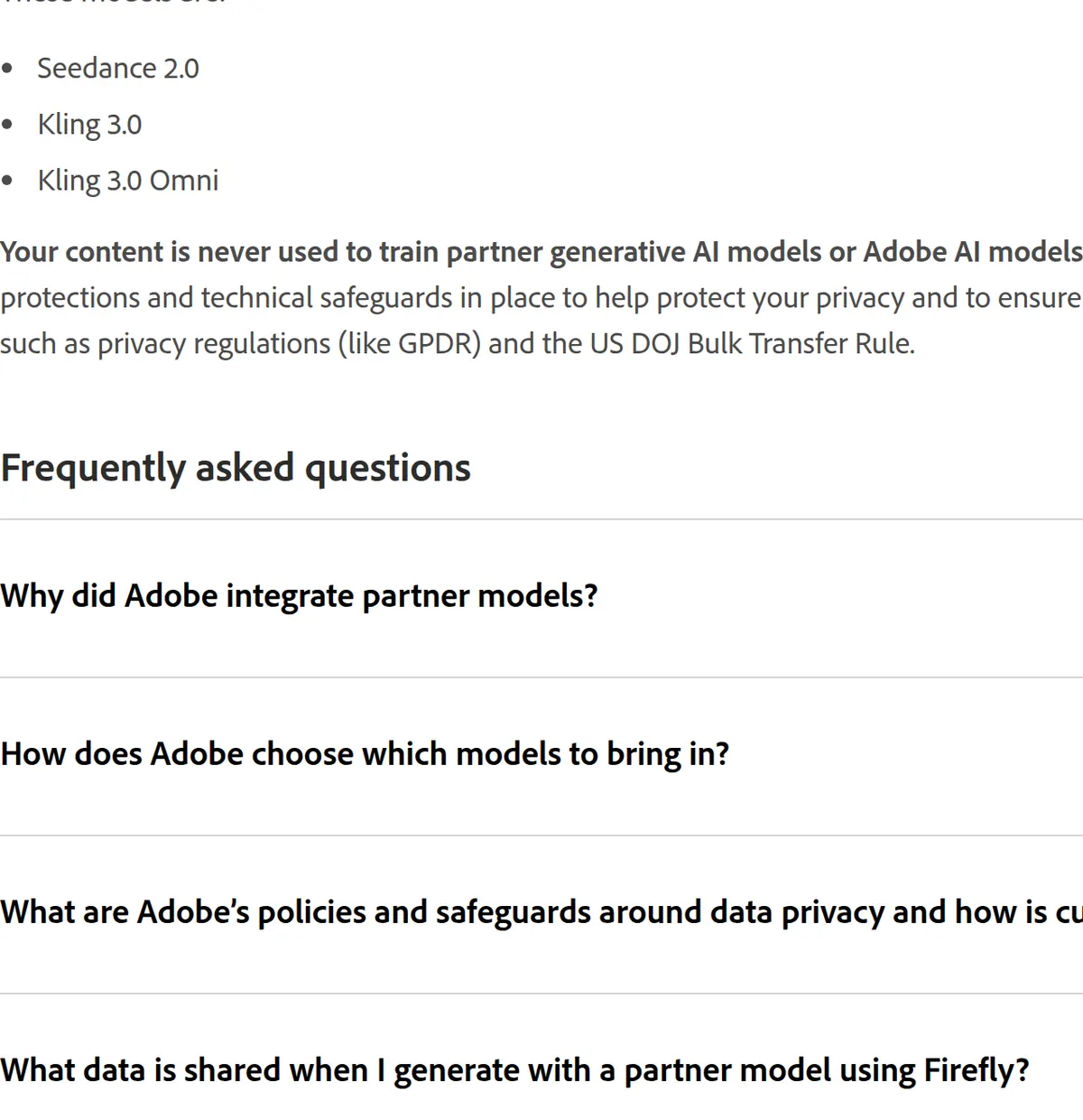 Adobe: your content is never used to train partner generative AI models.