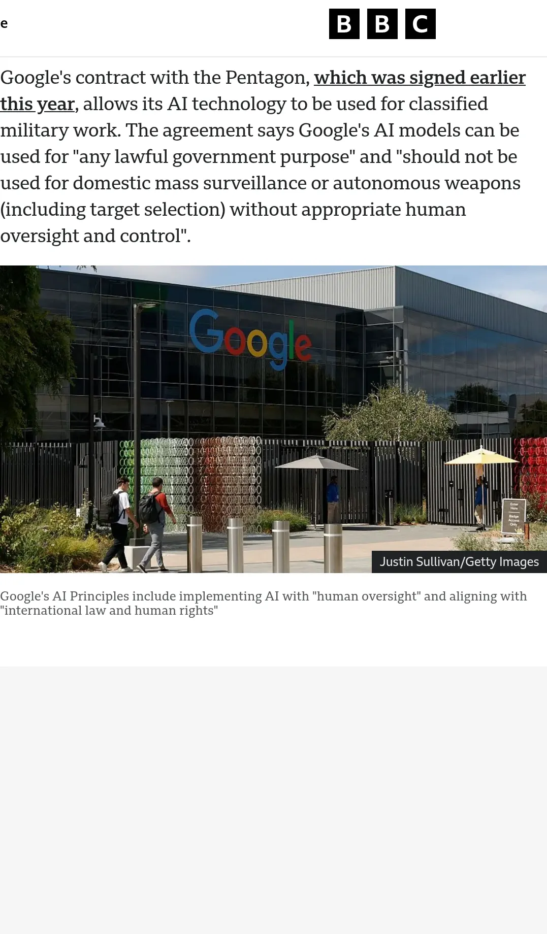 BBC: Google's Pentagon agreement allows its AI to be used for any lawful government purpose, and not for domestic mass surveillance or autonomous weapons.
