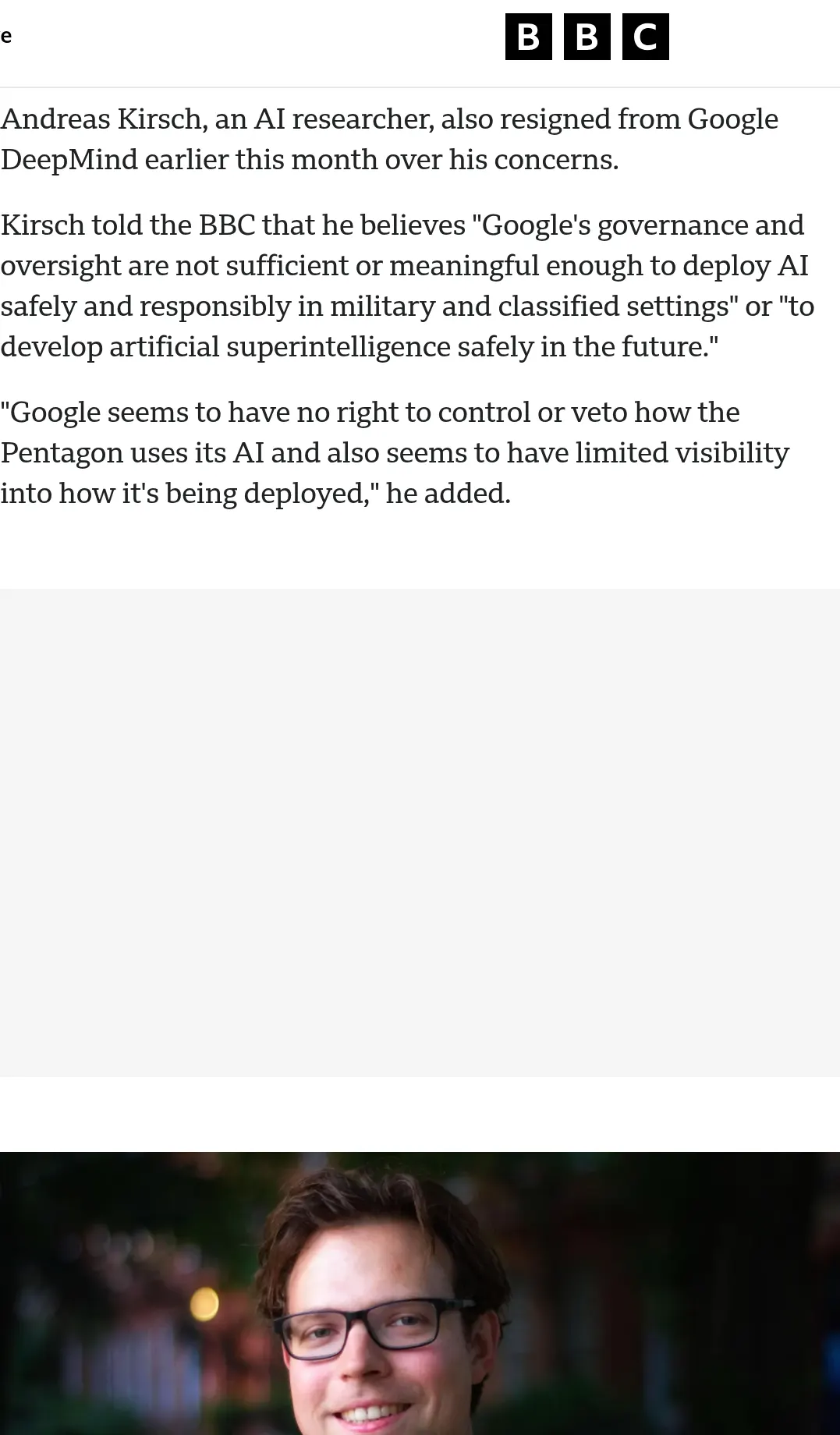 BBC: Andreas Kirsch resigned from Google DeepMind earlier this month over military and classified AI work.