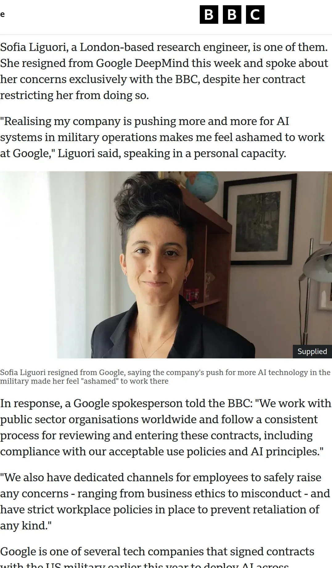 BBC: Sofia Liguori resigned from Google DeepMind this week and said she was ashamed to work at Google. Google said it follows a consistent review process and has policies against retaliation.