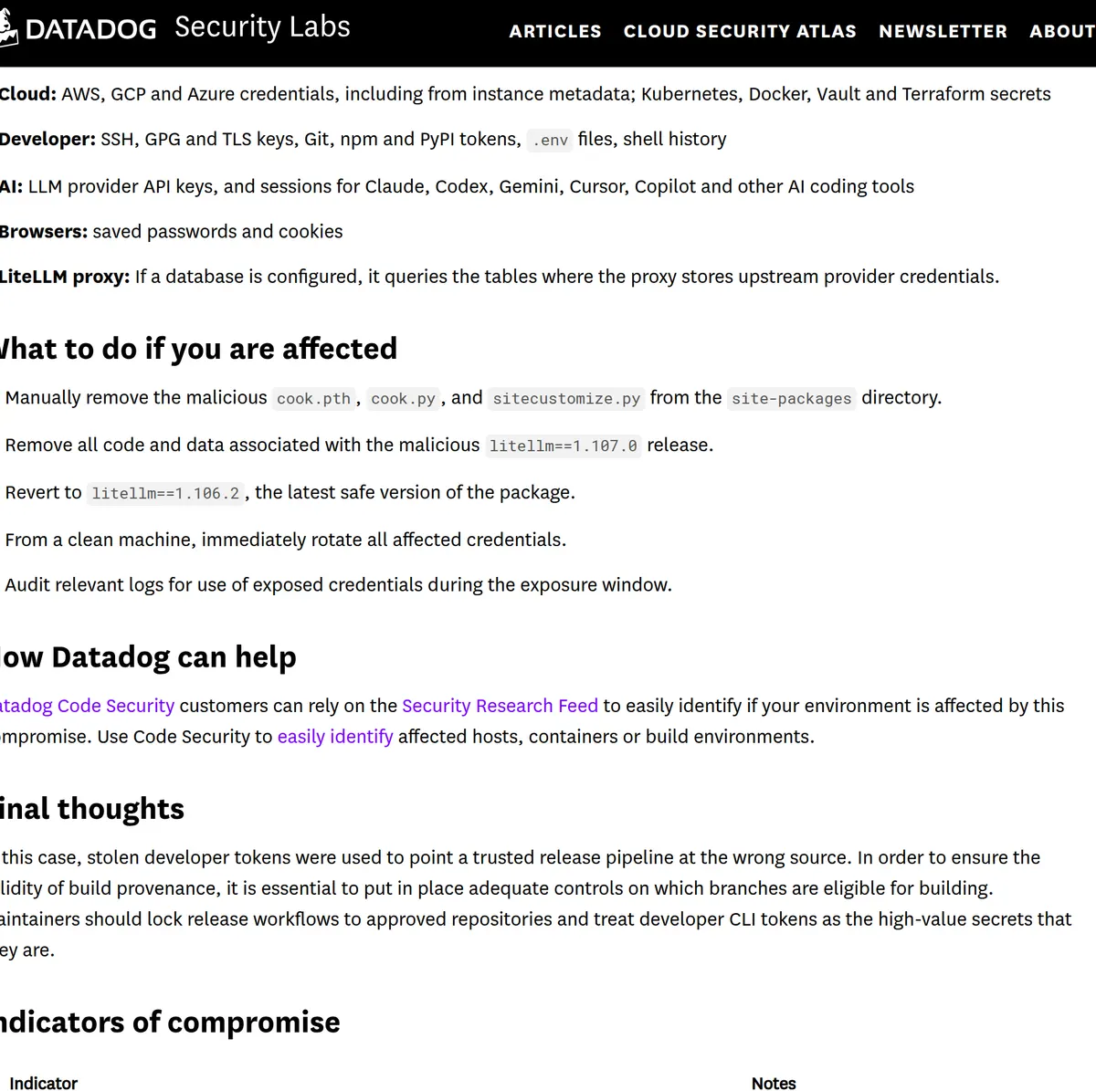 Datadog Security Labs: the malware collects cloud credentials, SSH keys, browser passwords, and sessions for Claude, Codex, Gemini, Cursor, and Copilot, and affected users should delete cook.pth, cook.py, and sitecustomize.py and pin 1.106.2.
