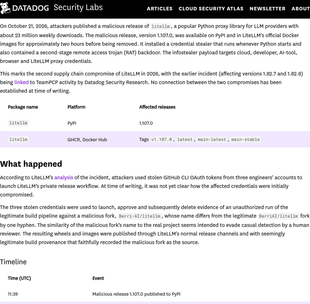 Datadog Security Labs: LiteLLM gets about 23 million weekly downloads, and the poisoned 1.107.0 release was available for about two hours.