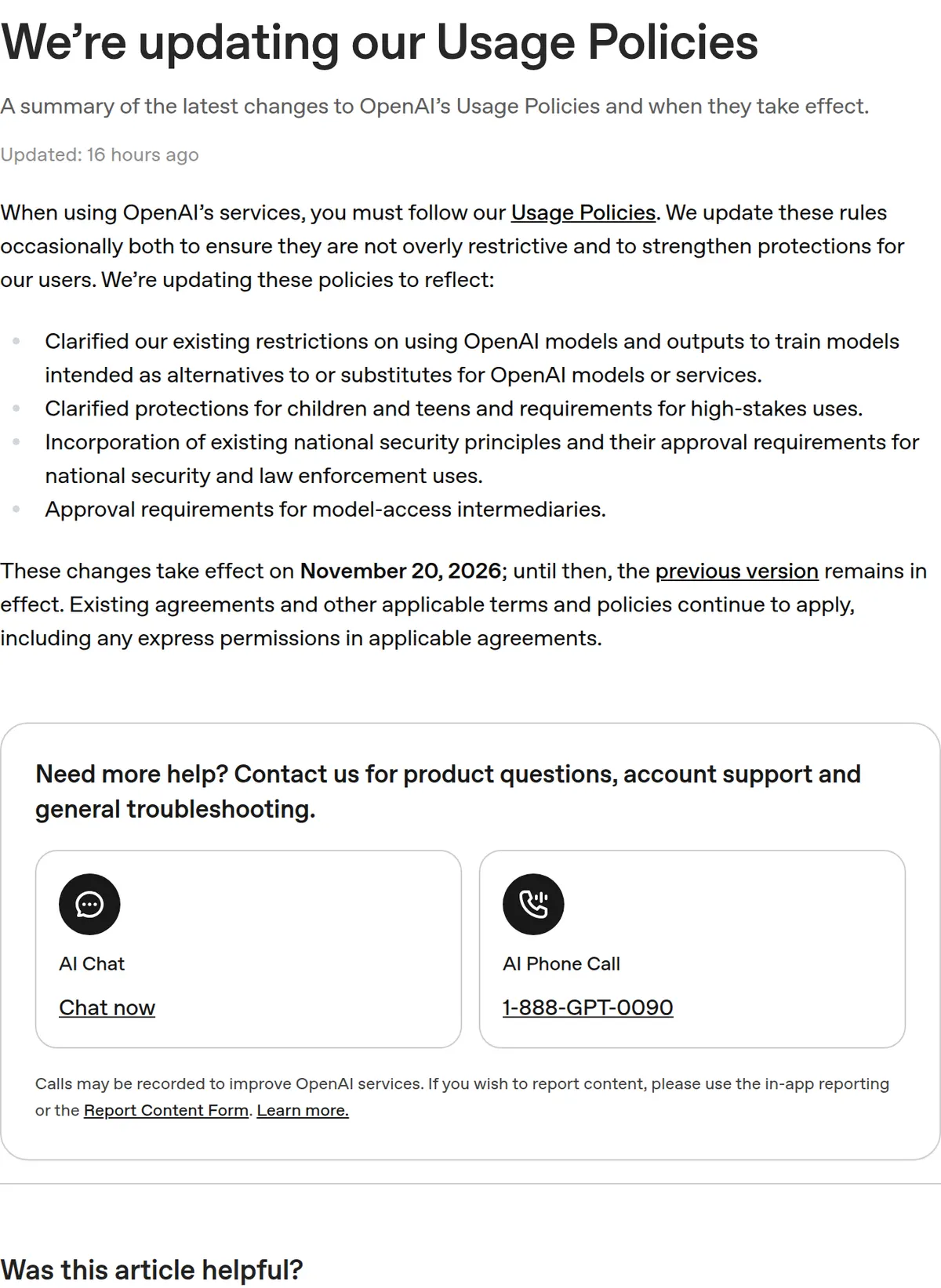 OpenAI Help Center summary of the usage-policy update, including approval for model-access intermediaries, taking effect November 20, 2026.