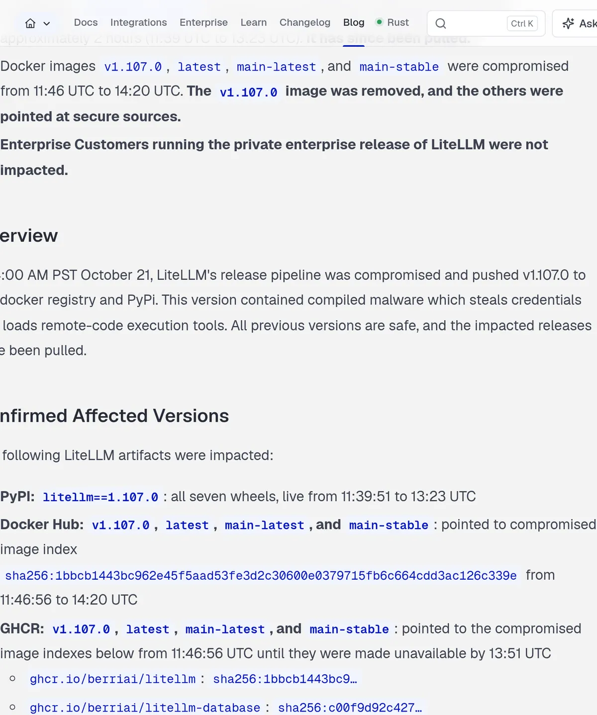 LiteLLM's October 21, 2026 incident report: PyPI release 1.107.0 was live from 11:39 to 13:23 UTC, Docker images including latest until 14:20 UTC, and all previous versions are safe.