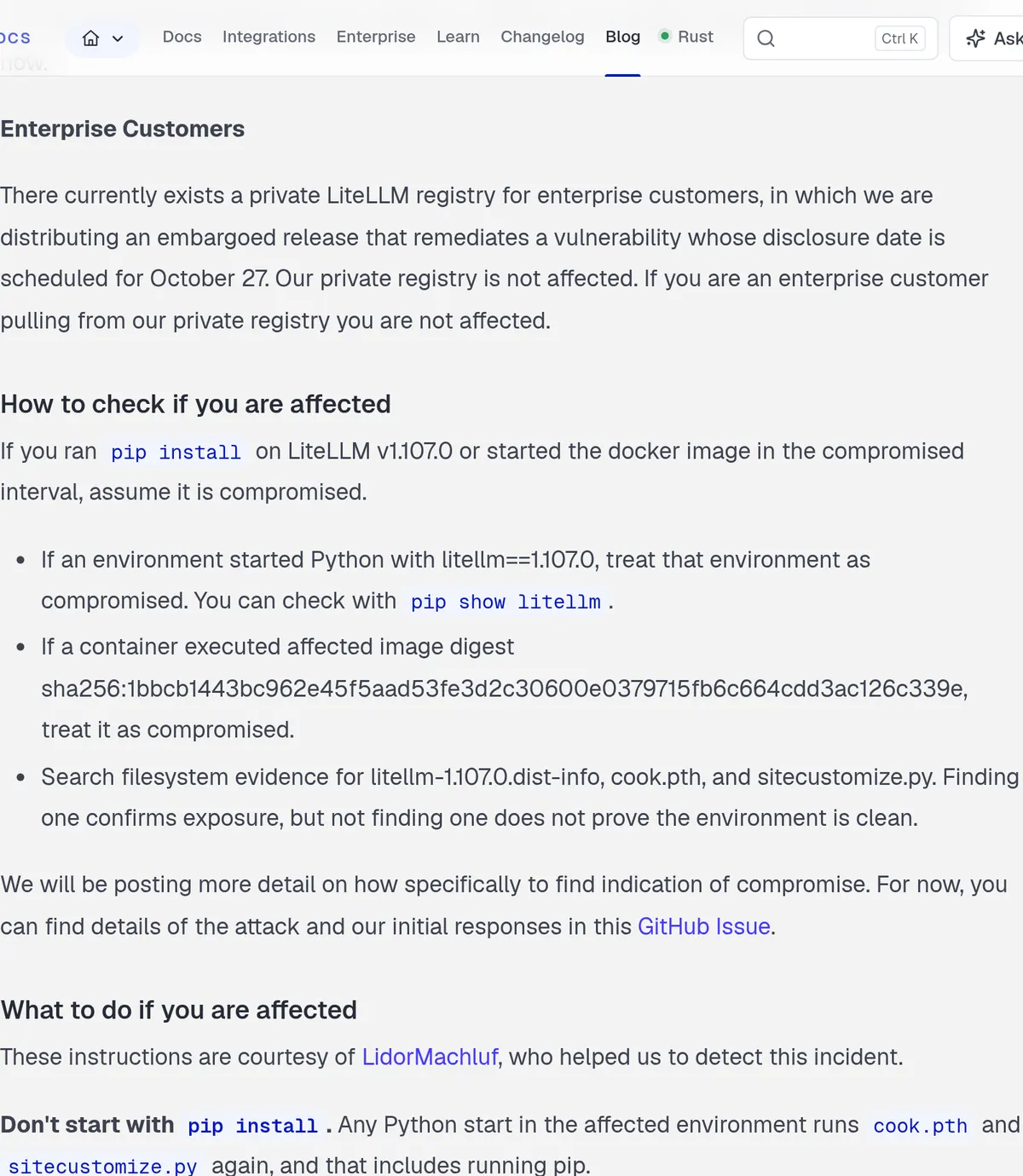LiteLLM incident report: pin the package to version 1.106.2.