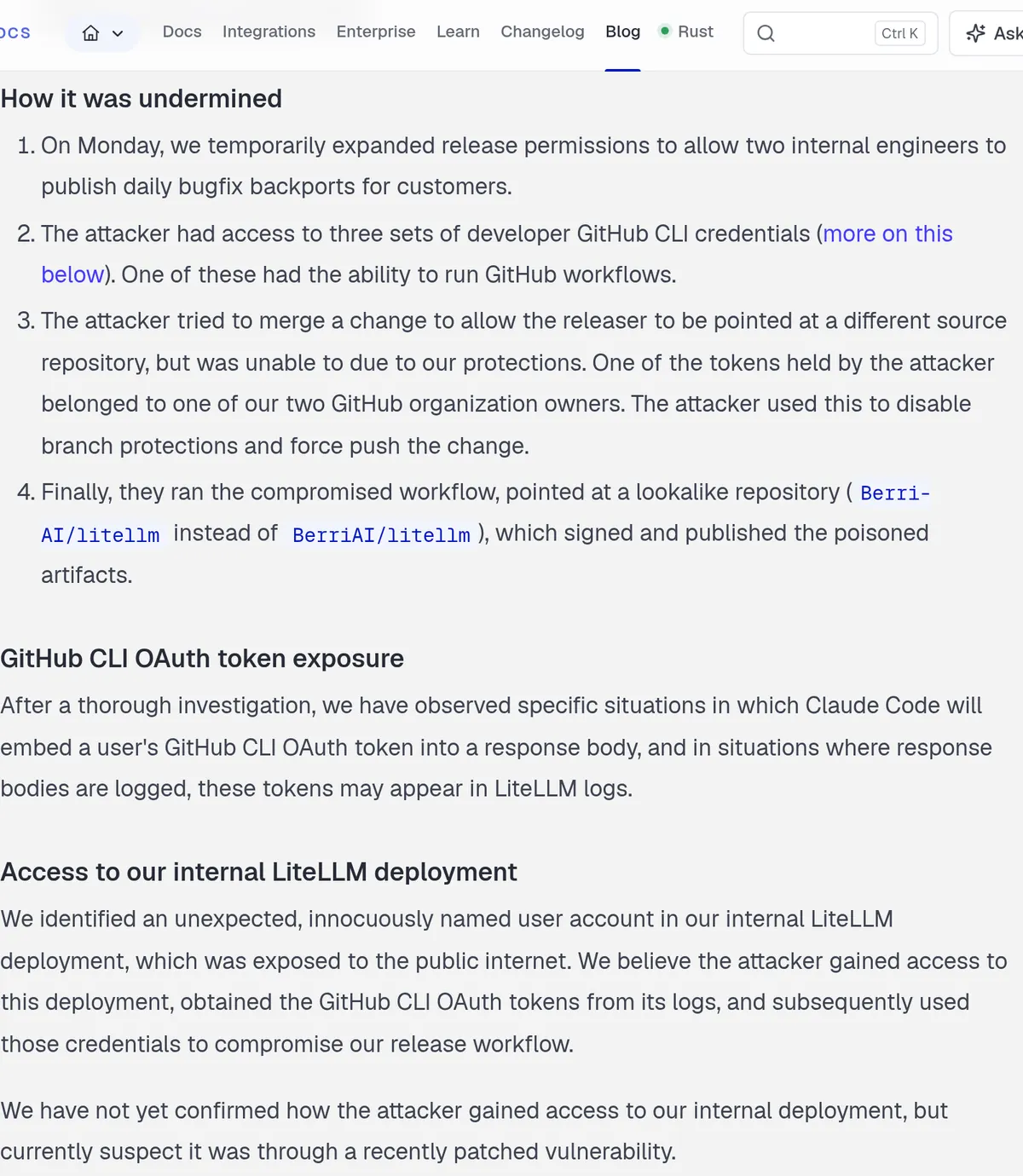 LiteLLM incident report: three sets of GitHub CLI credentials pointed the release at a lookalike repository, and Claude Code can embed a GitHub CLI token in a response that gets logged.