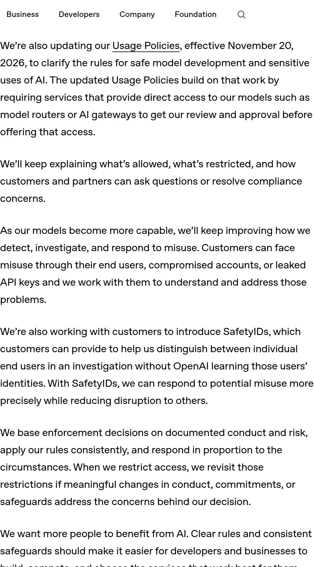 OpenAI, October 21, 2026: model routers and AI gateways need review and approval effective November 20, 2026, and SafetyIDs help tell end users apart during a misuse investigation.