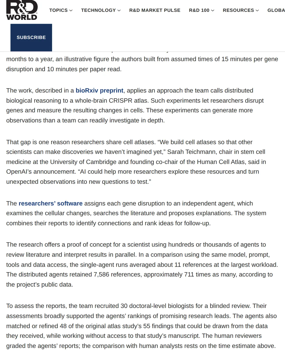 R&D World, October 21, 2026: 1,946 GPT-Rosalind agents in 32 minutes, an estimate built from assumed times of 15 minutes per gene and 10 minutes per paper, in a bioRxiv preprint.
