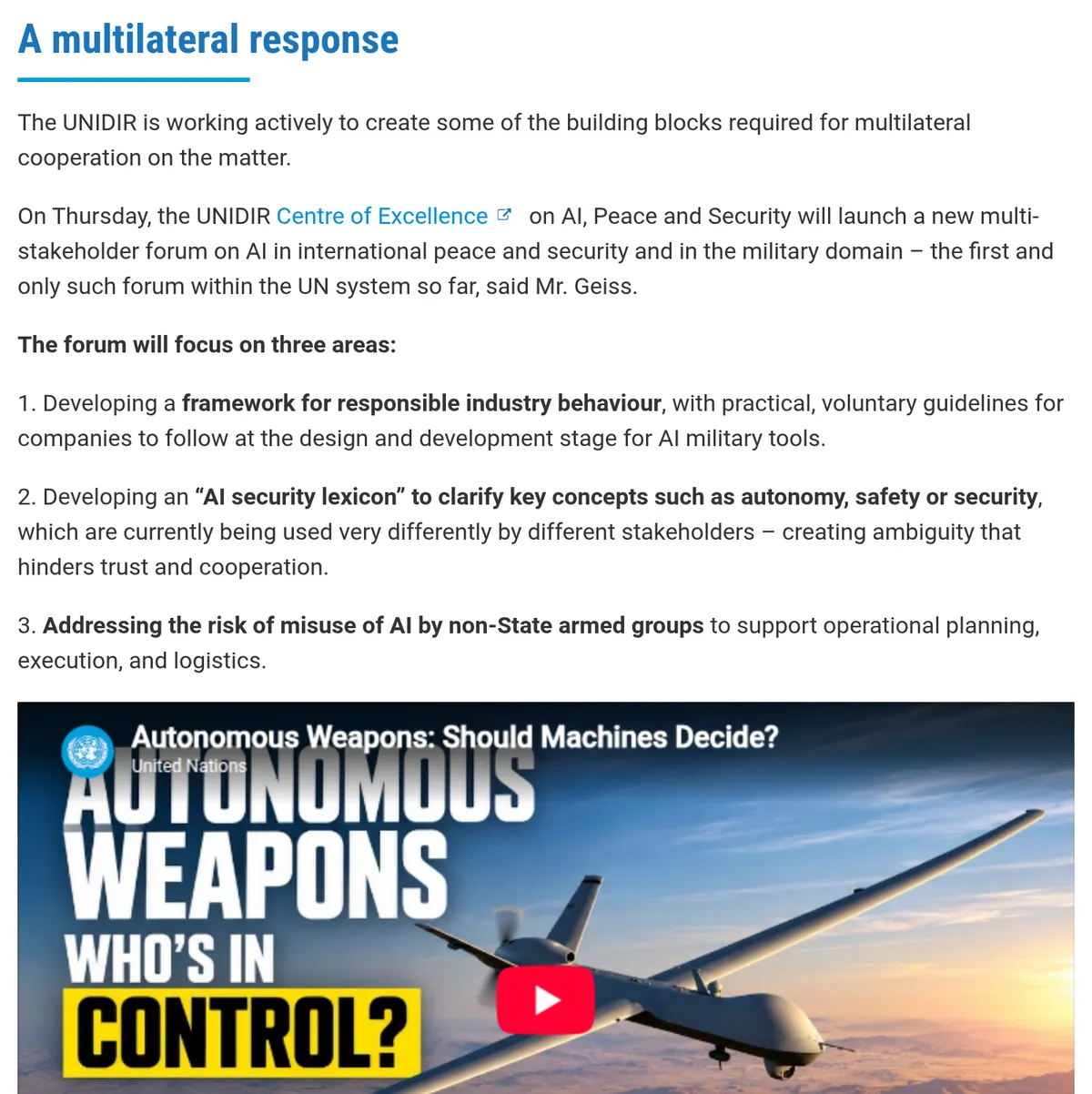 UN News, 20 October 2026: on Thursday UNIDIR will launch a forum on AI in peace, security, and the military, covering voluntary company guidelines, a shared glossary, and misuse by armed groups.