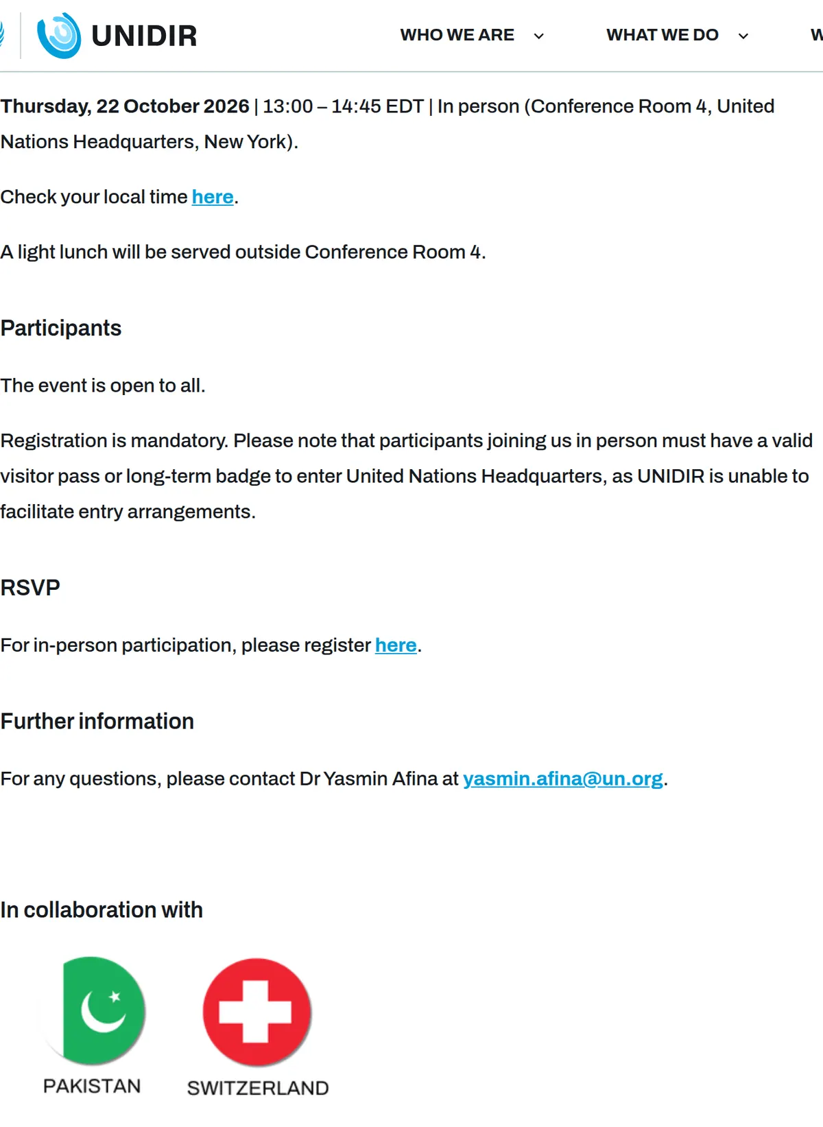 UNIDIR event page: Thursday, 22 October 2026, 13:00 to 14:45 EDT.