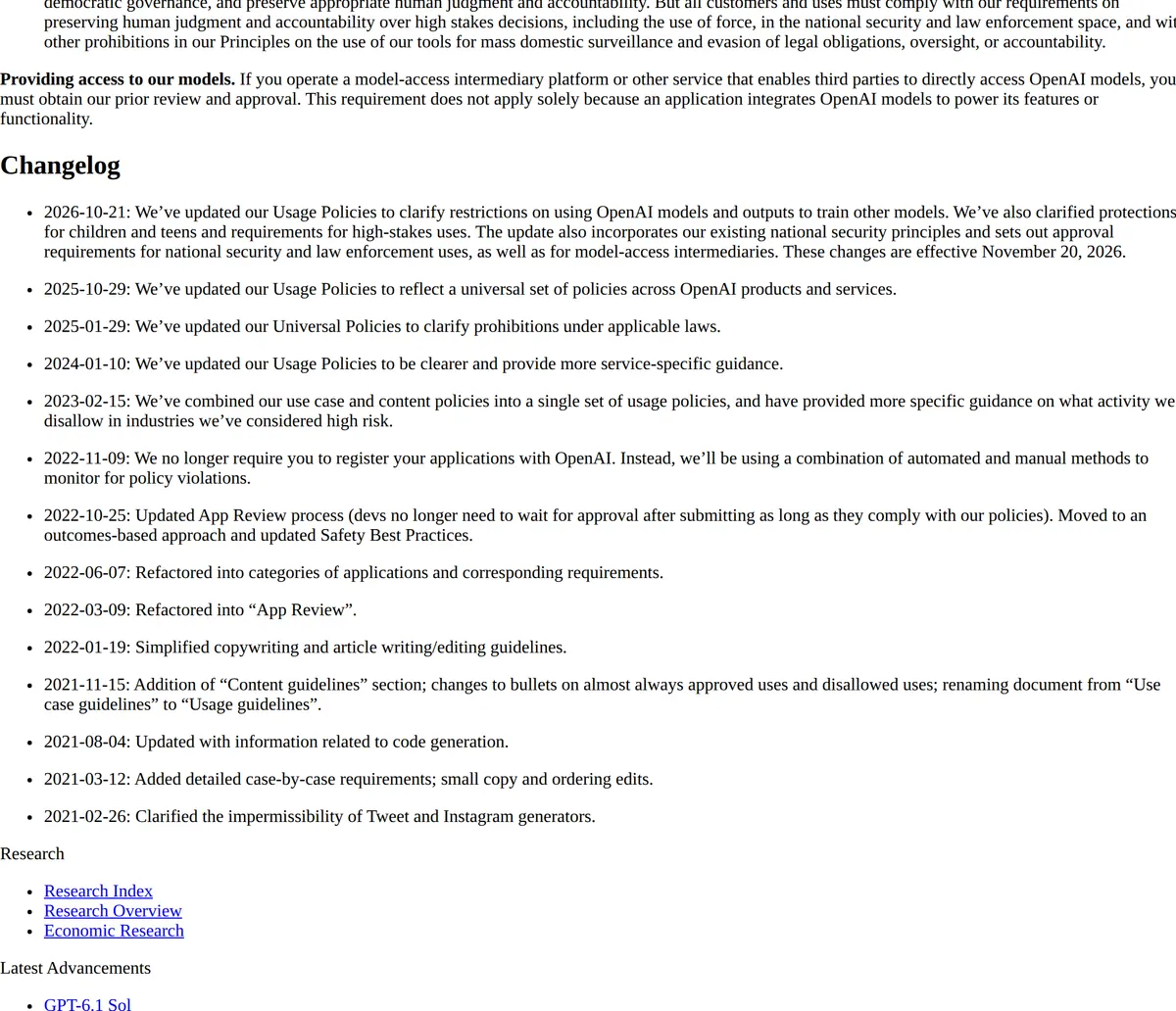OpenAI Usage Policies, changelog dated 2026-10-21 and effective November 20, 2026: a model-access intermediary needs prior review and approval. Apps that only power their own features do not.