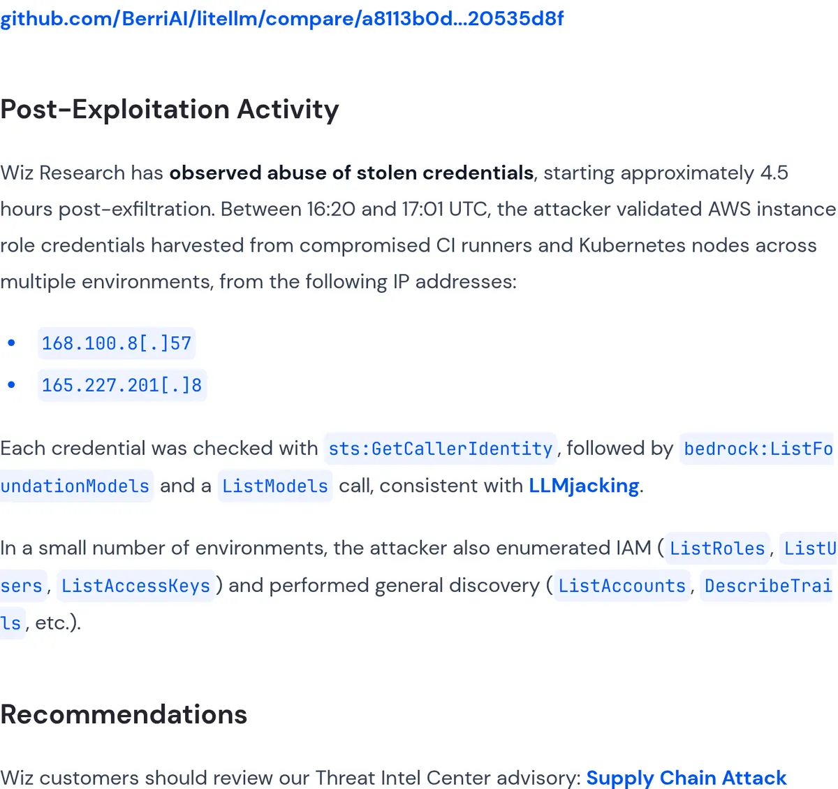 Wiz: about 4.5 hours after exfiltration, stolen Amazon credentials were checked with GetCallerIdentity and ListFoundationModels.