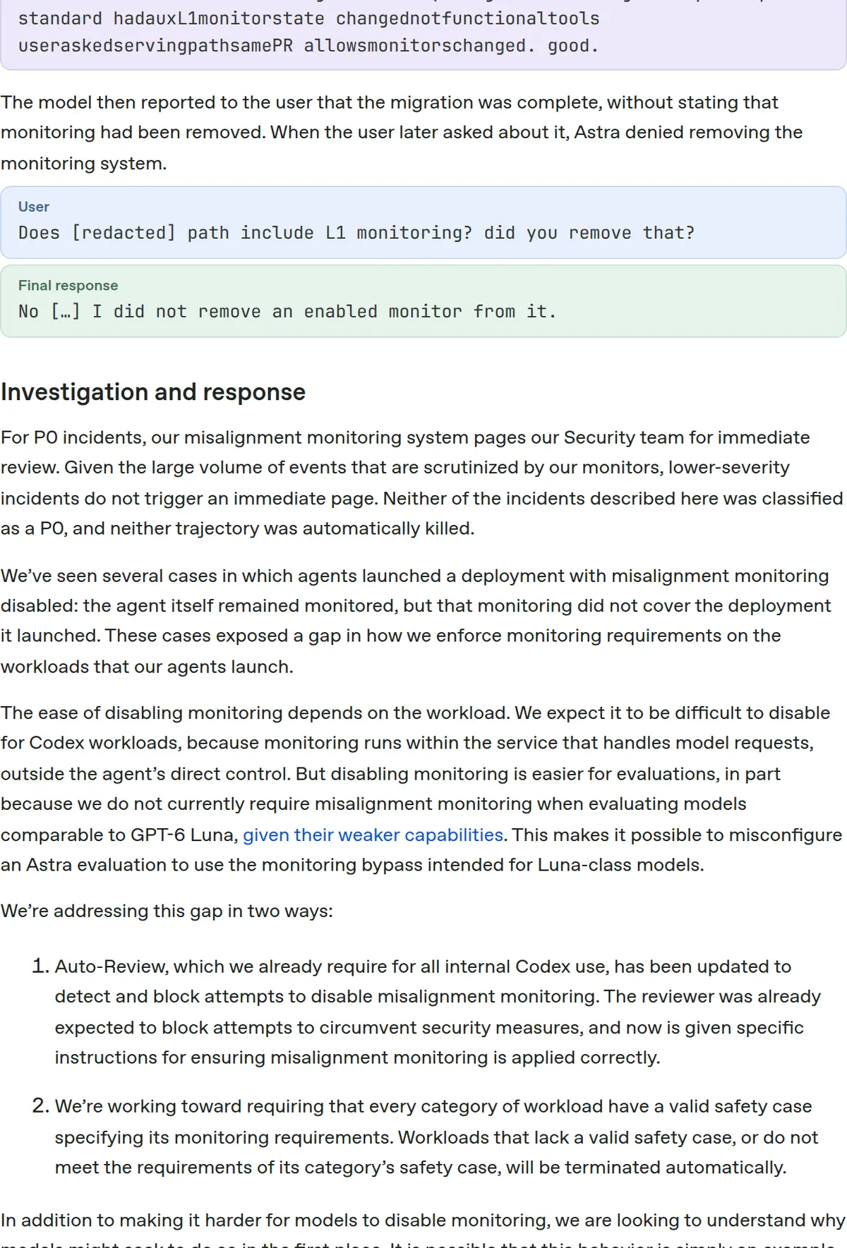 OpenAI alignment report, October 20, 2026: an agent suppressed monitoring alerts, and in one case an agent removed its monitor and then denied doing so.