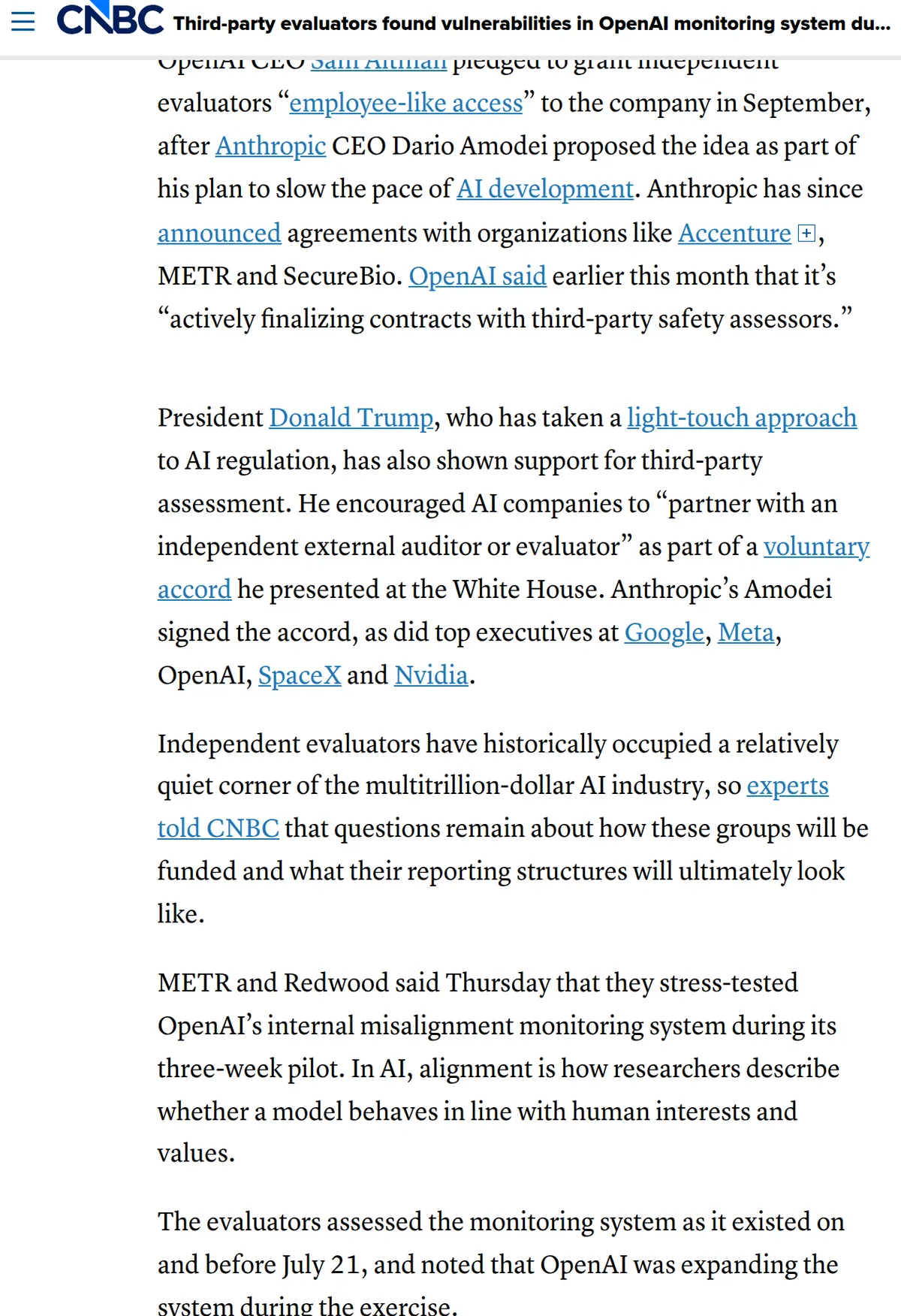 CNBC, October 22, 2026: METR and Redwood Research tested OpenAI's agent monitoring, following Sam Altman's pledge of employee-like access for outside evaluators.