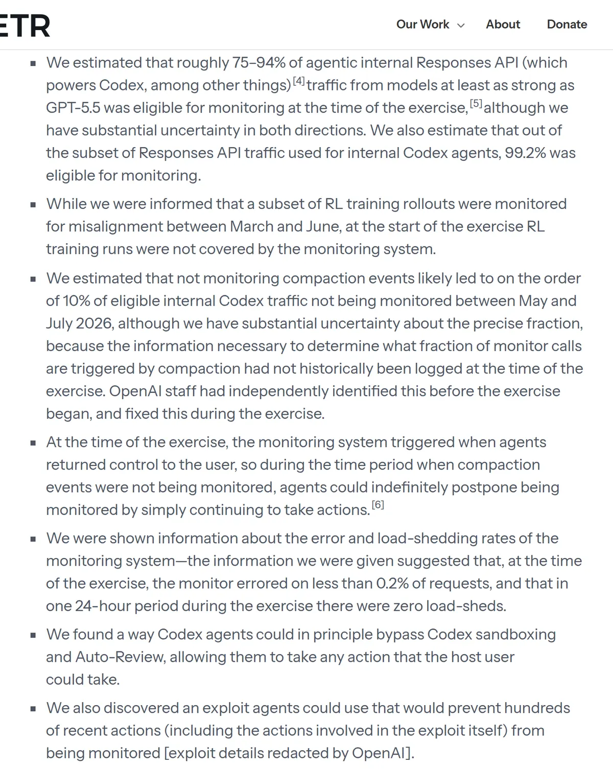 METR, October 22, 2026: onsite testing from July 21 to August 11, 75 to 94 percent of internal agent traffic and 99.2 percent of Codex traffic eligible for monitoring, and about 10 percent of Codex traffic unmonitored during compaction.