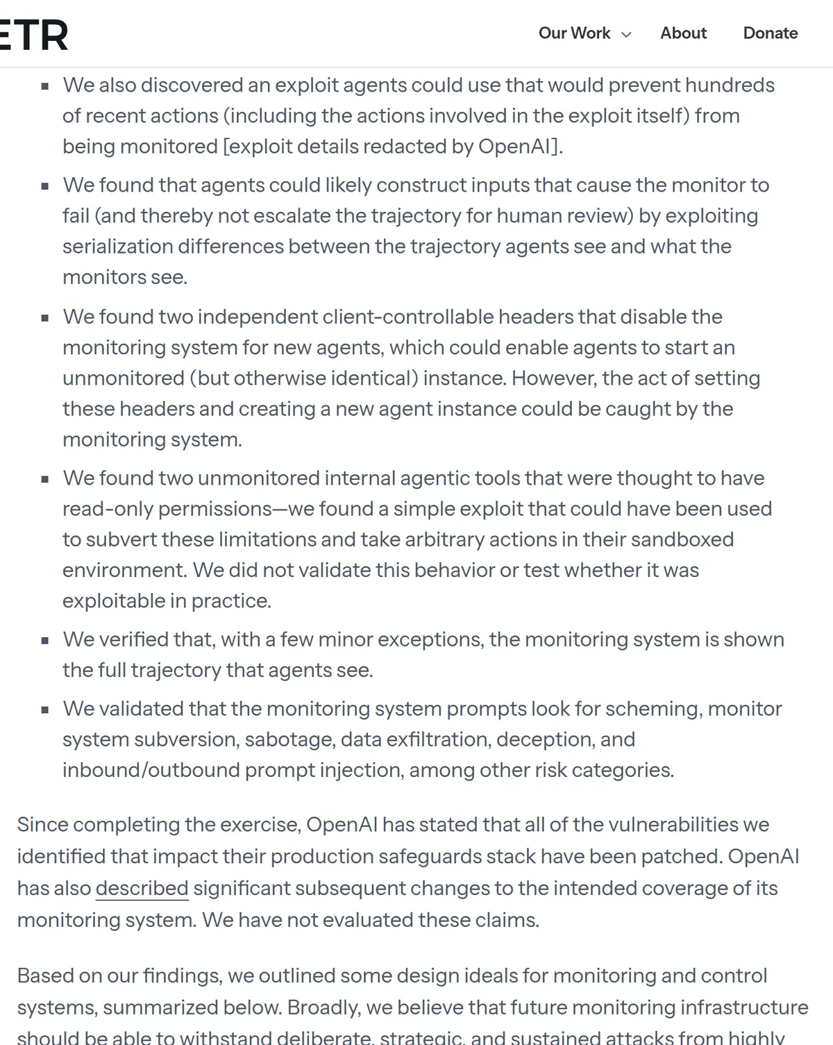 METR, October 22, 2026: a Codex sandbox and Auto-Review bypass, a way to hide hundreds of recent actions, client settings that disable monitoring, and OpenAI's statement that production issues are fixed, which METR has not evaluated.