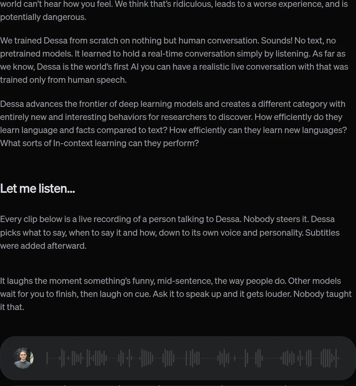 Block's Dessa page, October 23, 2026: trained from scratch on nothing but human conversation, with no text and no pretrained models, and it runs locally on a MacBook Pro M4 Max or better.