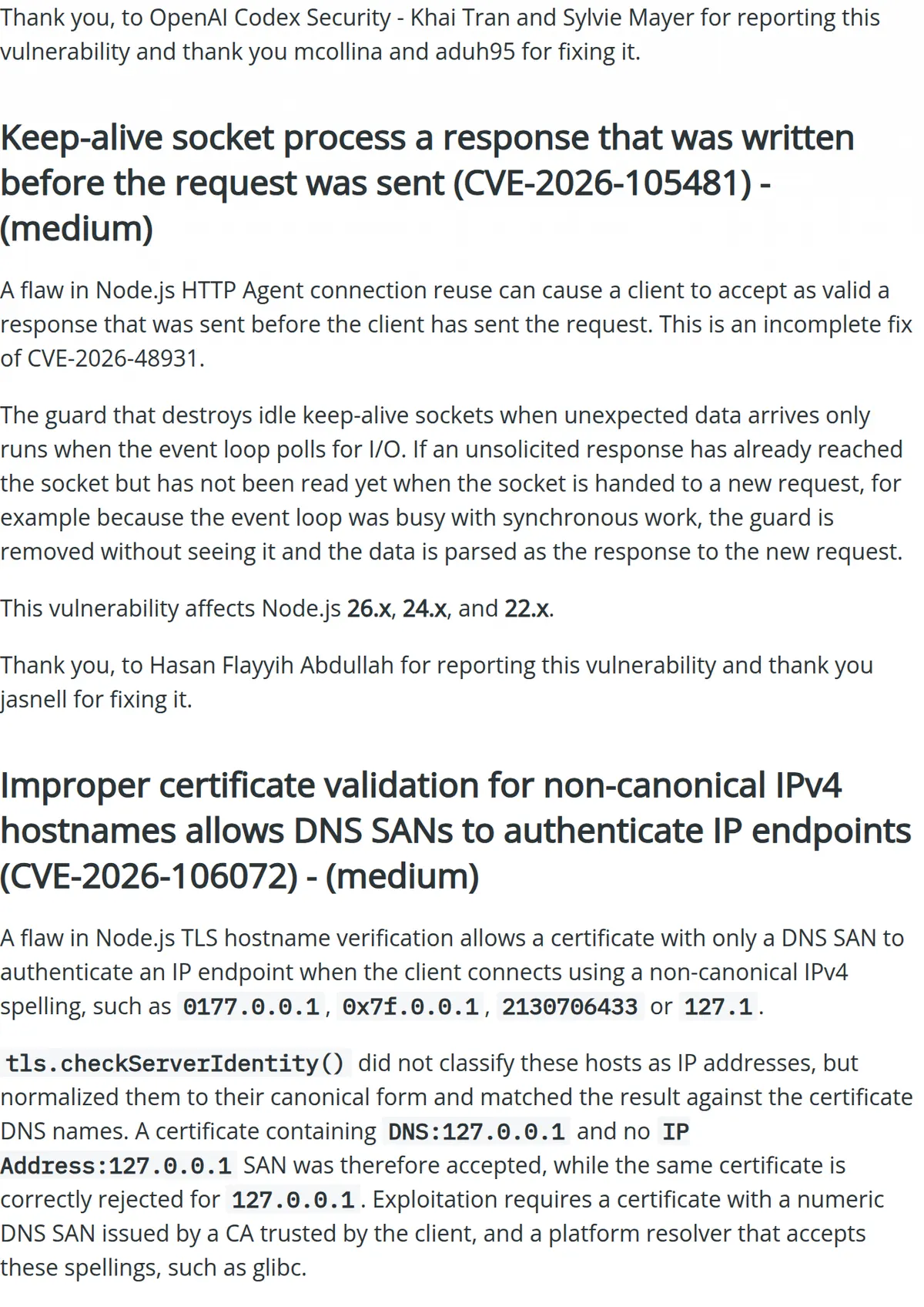 Node.js October 2026 security release: a high-severity out-of-bounds write in the Brotli decoder, credited to OpenAI Codex Security, Khai Tran and Sylvie Mayer.