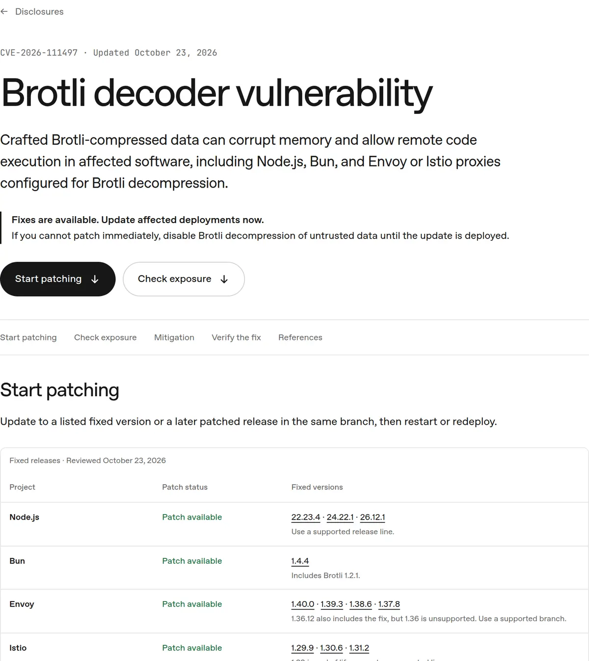 Patch the Planet, October 23, 2026: CVE-2026-111497 affects Brotli, with fixed Node.js, Bun, Envoy, Istio and Brotli versions listed.
