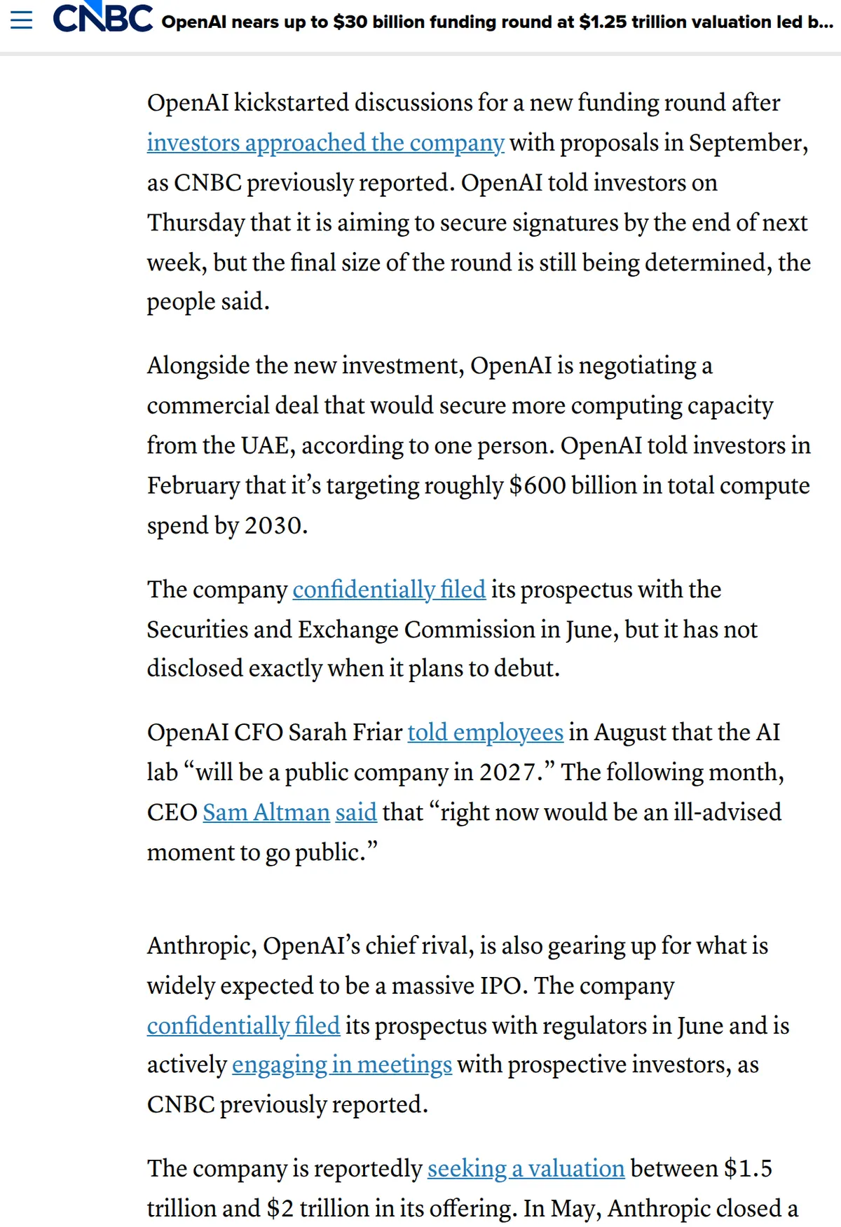 CNBC, October 22, 2026: OpenAI is near a round of up to $30 billion at a $1.25 trillion valuation, wants signatures by the end of next week, and is negotiating for more computing capacity from the UAE.