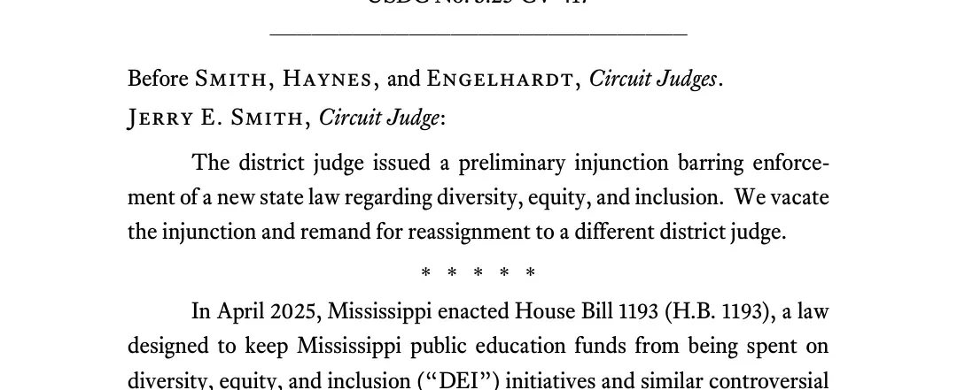 Fifth Circuit opinion: before Judges Smith, Haynes, and Engelhardt, vacating an injunction against Mississippi House Bill 1193 and sending the case to a different judge.