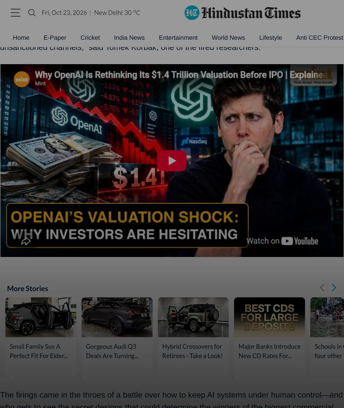 Hindustan Times, Wall Street Journal text: Tomek Korbak said he was told there was a breach of trust because he interacted with a third party through unsanctioned channels.