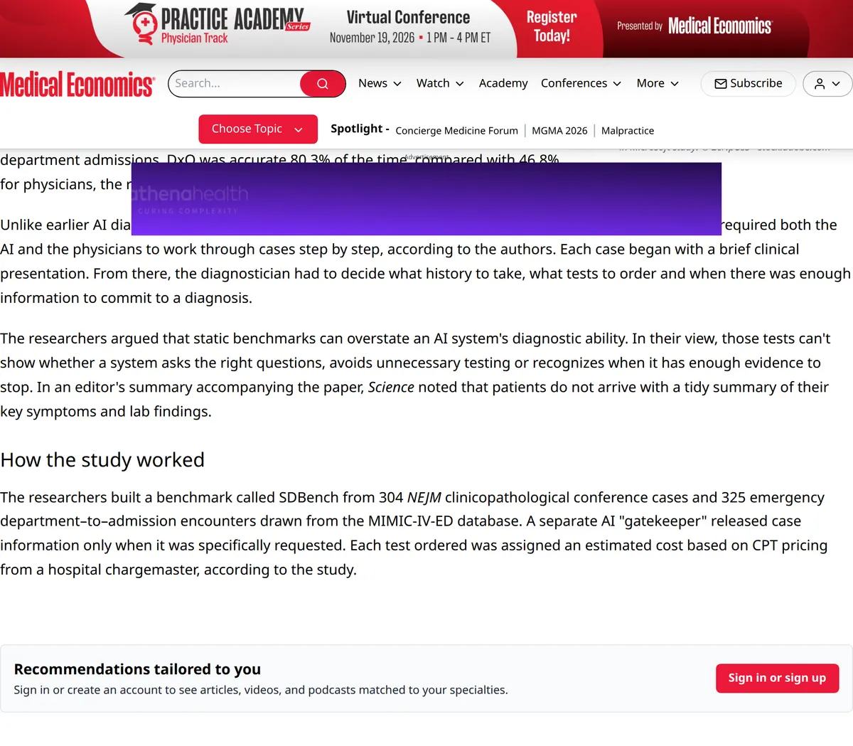 Medical Economics, October 22, 2026: 83.2 percent versus 36.1 percent and 22 percent for generalist physicians, 80.3 percent versus 46.8 percent on MIMIC-IV, an average of $5,431, an 81 percent cost-optimized setting, and the note that this is not a clinical trial.