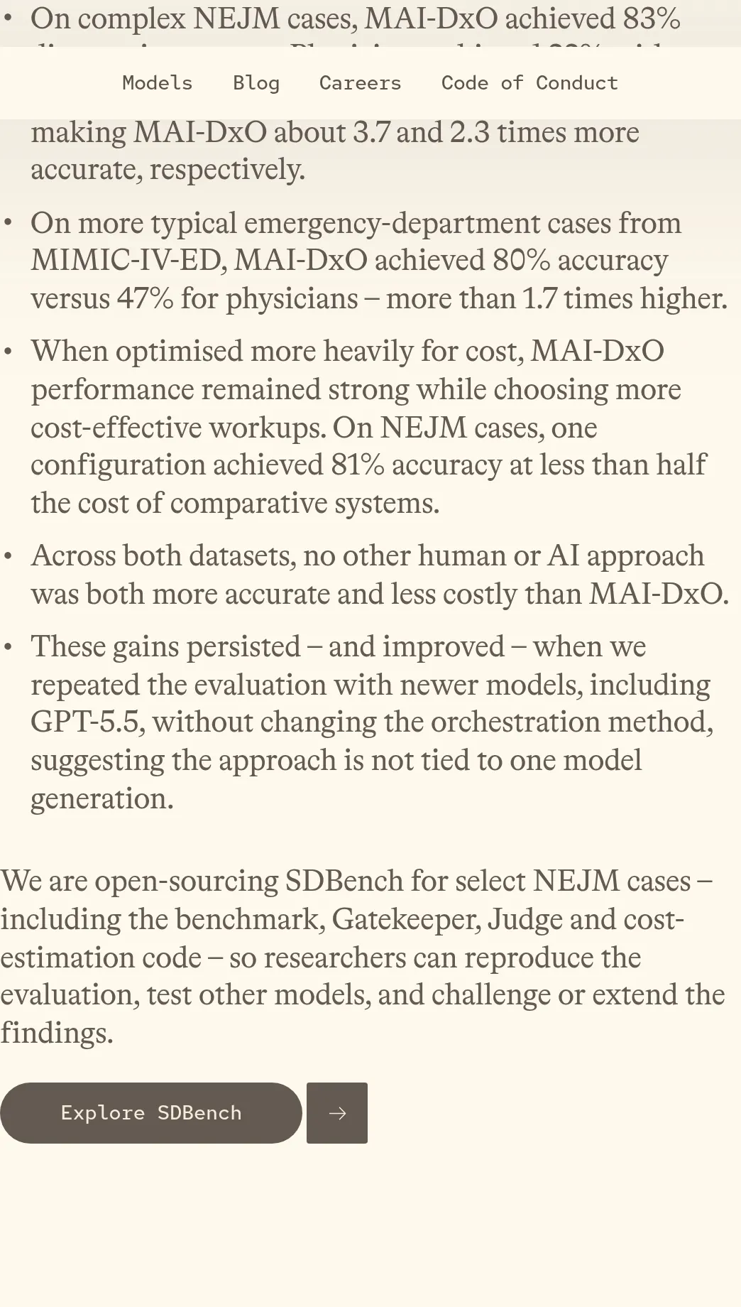 Microsoft AI, October 22, 2026: on complex NEJM cases MAI-DxO reached 83 percent, against 22 percent without references and 36 percent with them, and 80 percent versus 47 percent on emergency-department cases.