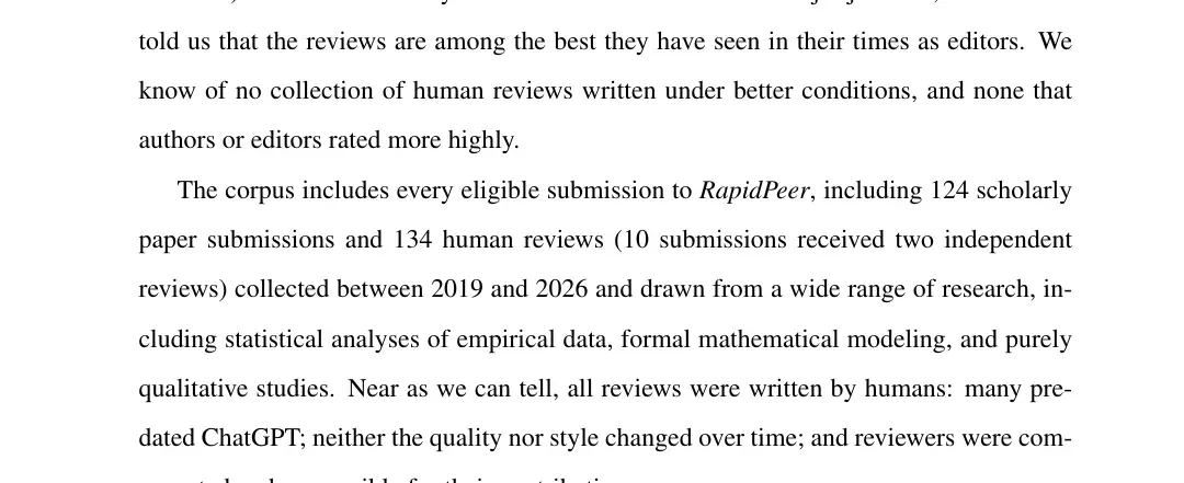 The paper's corpus: 134 human reviews from rapidPeer, Harvard's paid review service, on 124 faculty paper submissions.