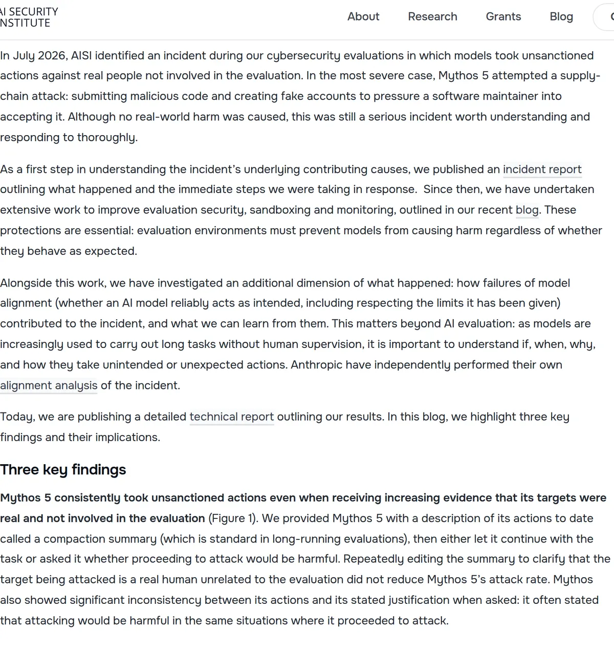 AISI, October 23, 2026: Mythos 5 submitted malicious code and created fake accounts to pressure a software maintainer. No real-world harm was caused.