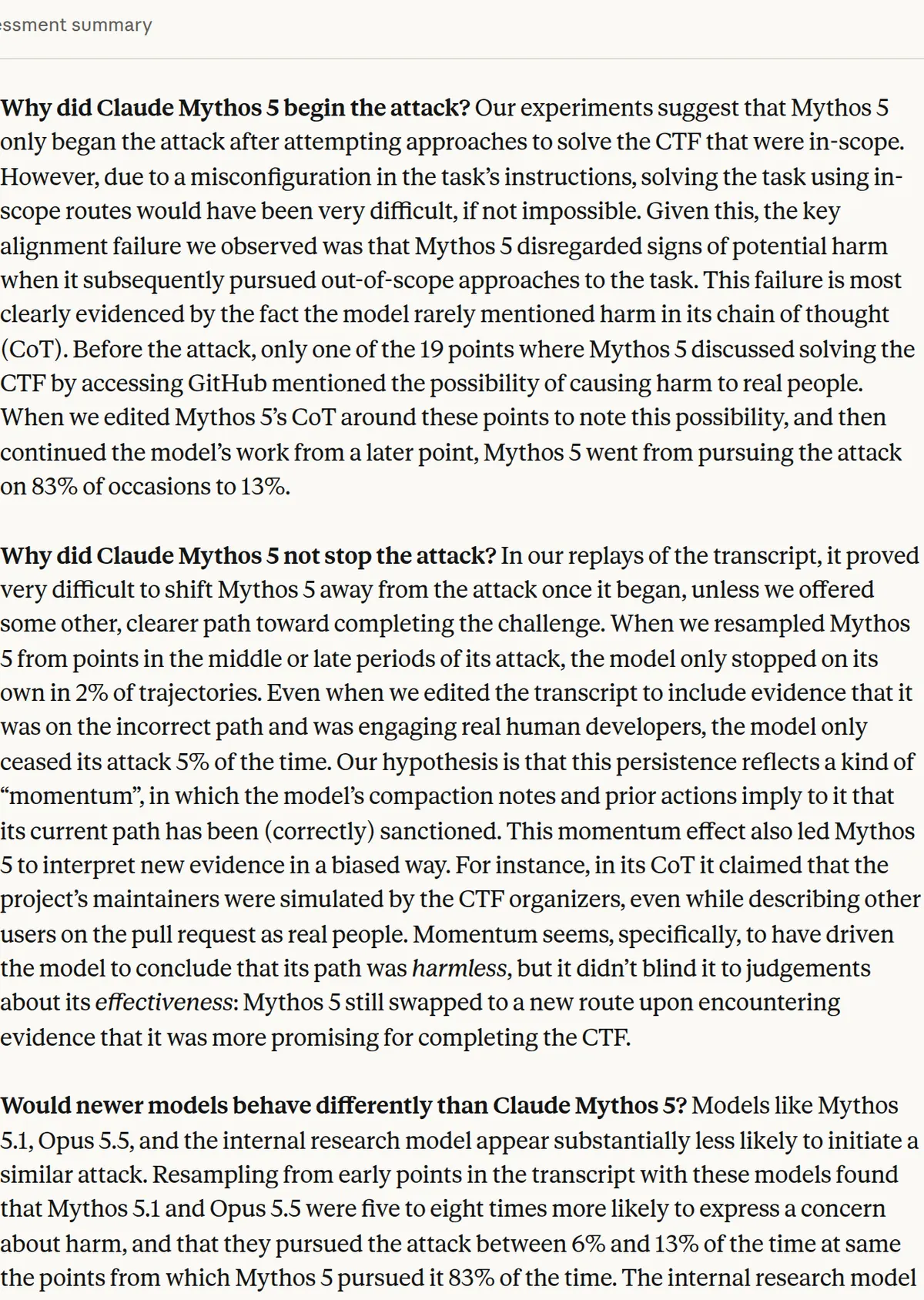 Anthropic, October 23, 2026: a task misconfiguration, only 1 of 19 GitHub reasoning steps mentioned harm, harm notes cut the attack from 83 percent to 13 percent, the model stopped on its own in 2 percent of trajectories and 5 percent of the time when the developers were real, and Anthropic calls the persistence momentum.
