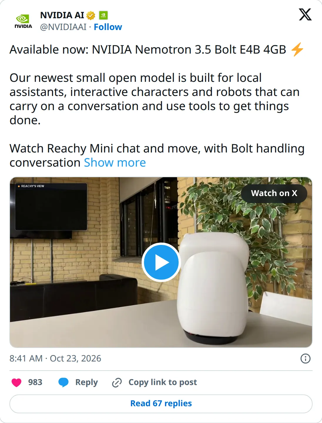 NVIDIA AI on X, October 23, 2026: Nemotron 3.5 Bolt E4B 4GB is available, built for local assistants, interactive characters and robots that can carry on a conversation and use tools.