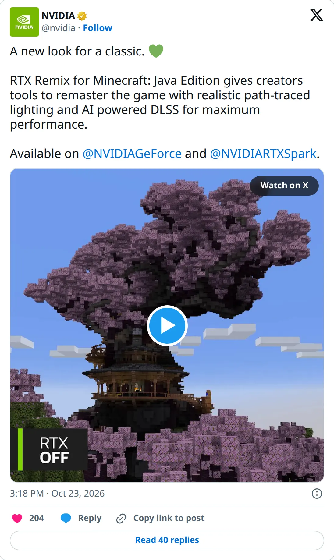 NVIDIA on X, October 23, 2026: RTX Remix 1.6 is now available, including RTX Remix for Minecraft.