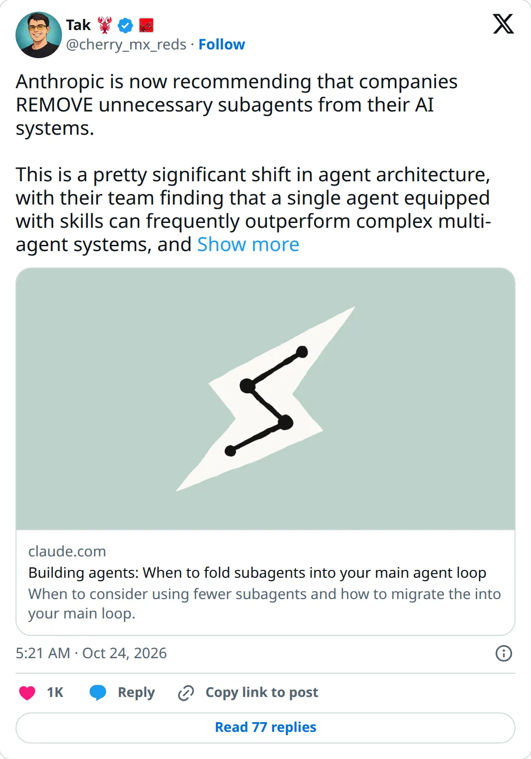 A post on X from @cherry_mx_reds, October 24, 2026, sharing Anthropic's guide on when to fold subagents into the main agent loop.
