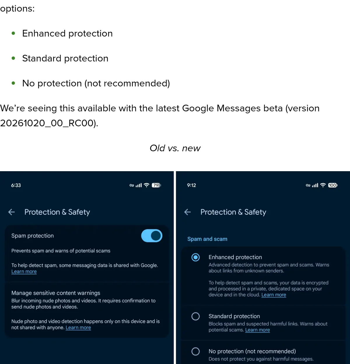 9to5Google, October 23, 2026: Google Messages Enhanced Protection is rolling out, with three options: Enhanced protection, Standard protection, or No protection.