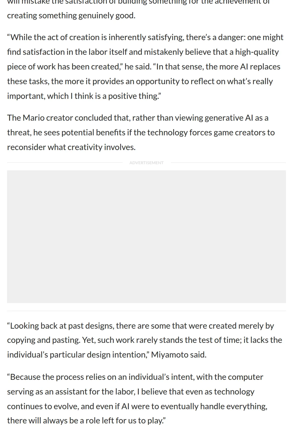 VGC, October 23, 2026: Miyamoto warns that one might find satisfaction in the labor itself and mistakenly believe that a high-quality piece of work has been created, and says that even if AI were to eventually handle everything, there will always be a role left for us to play.