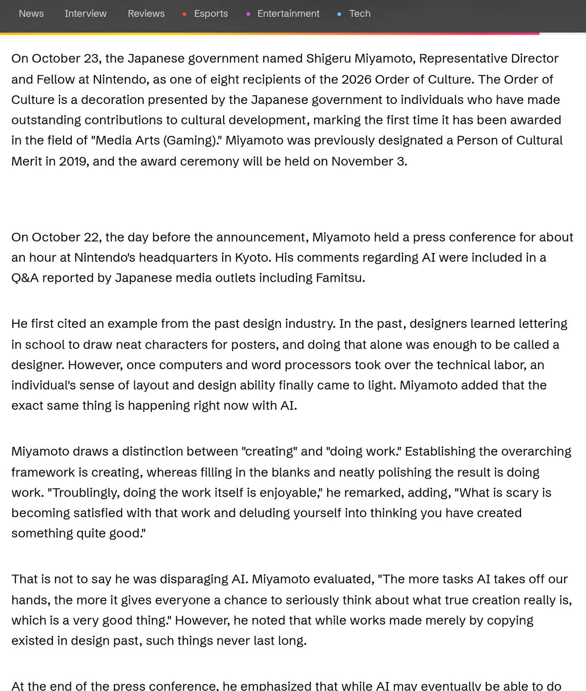 Inven Global, October 24, 2026: Japan named eight 2026 Order of Culture recipients on October 23, including Shigeru Miyamoto, the first in Media Arts (Gaming). The ceremony is November 3, after a press conference at Nintendo's Kyoto headquarters on October 22.