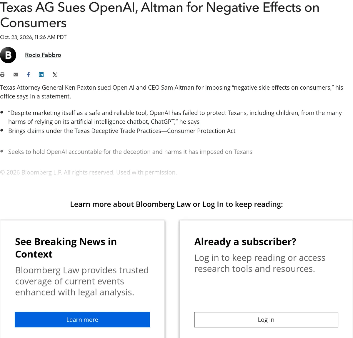 Bloomberg Law, October 23, 2026: Texas sued OpenAI and Sam Altman, and an OpenAI spokesperson said the claims are without merit and the company looks forward to responding in court.