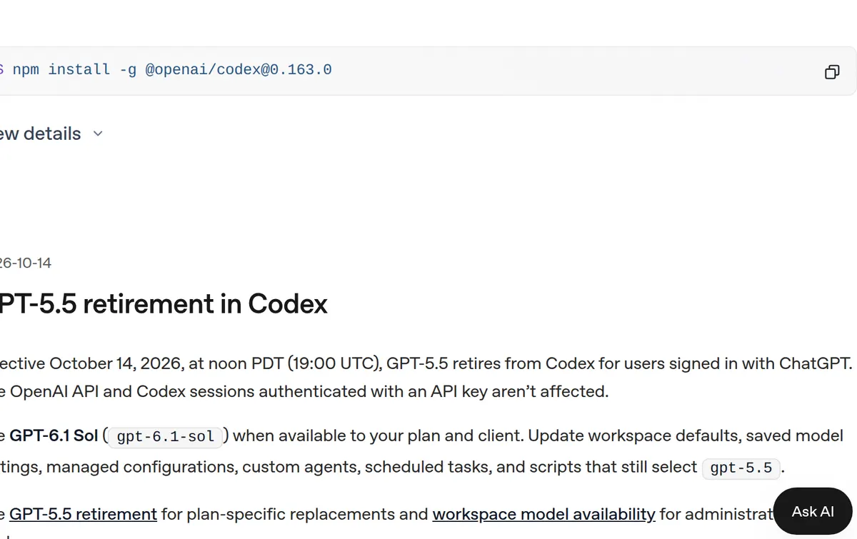 Codex changelog, October 23, 2026: CLI 0.164.0 adds ten preset slots, inline /model and /permissions, image previews, and masks credentials during supported remote commands. The install line is npm install -g @openai/codex@0.164.0.