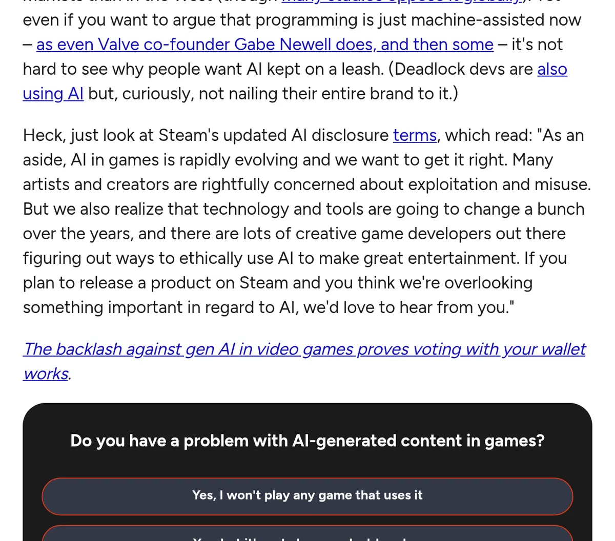 GamesRadar, October 23, 2026: Valve's guideline says many artists are concerned about exploitation and misuse, Steam Next Fest had more AI-assisted demos, and Epic's AI MegaJam allows as little or as much AI as entrants want.
